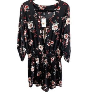 Rue 21 Black Floral Shorts Romper Front Zip Cinch Waist Size Large NWT
